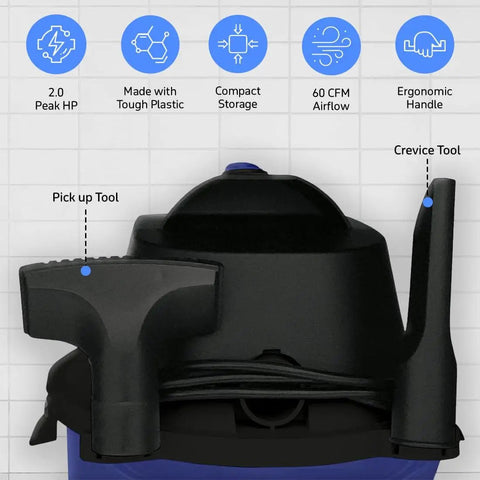Back view of Wet Dry Vacuum Cleaner For Home And Shop Use, 2 Gallon Portable Shop Vac with tools and ergonomic handle visible.