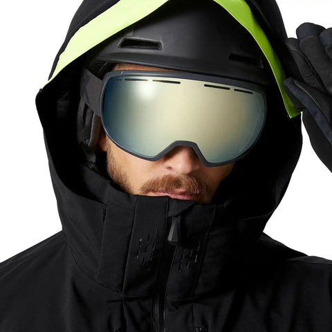 Close-up of All Conditions Alpine Ski Jacket With Tech-Pro Waterproof Breathable System, hood up, highlighting face protection.