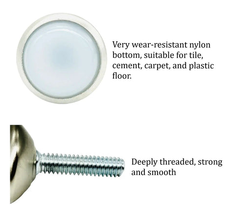 Close-up of All In One Adjustable Furniture Levelers With Swivel Feet And Nylon Pads showing nylon pad and threaded screw.