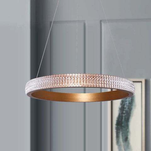 Sleek Dope Modern Gold Circular LED Pendant Light Fixture With Adjustable Chain, 16 Inch Diameter, Stylish Chandelier