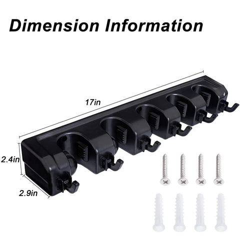 Heavy Duty Broom Hanger Wall Mount And Mop Organizer Rack For Garage And Laundry Room No More Clutter Keep Your Cleaning Tools Off The Floor With Strong Hooks And Easy Wall Hanging Storage showing dimensions and screws