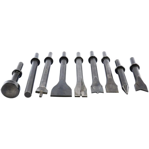 9-Piece Pneumatic Chisel Set For Air Hammer, Punch And Chipping Bits displayed with nine distinct chisel shapes.