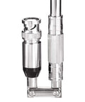 Close-up of Wideband 20-1300MHz Police Scanner Antenna with 8-Section Telescopic 50 Ohm BNC Male Connector, shiny metal finish.