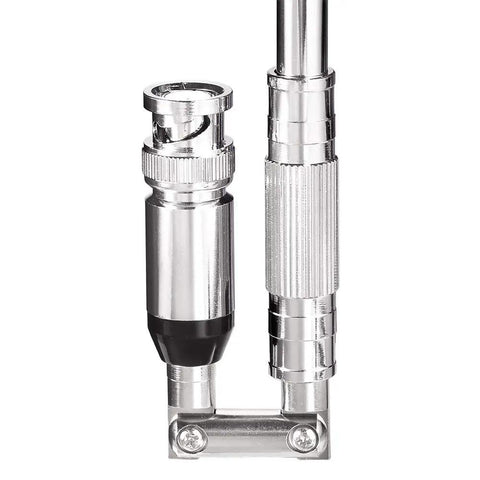 Close-up of Wideband 20-1300MHz Police Scanner Antenna with 8-Section Telescopic 50 Ohm BNC Male Connector, shiny metal finish.