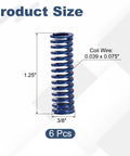 Six Pack Blue Compression Springs For 3D Printers And Machinery 0.38 Inch Outer Diameter Plus 1.25 Inch Length With Alloy Steel Build For Heavy Duty Light Load Jobs And Reliable Mechanical Use, showing size measurements.