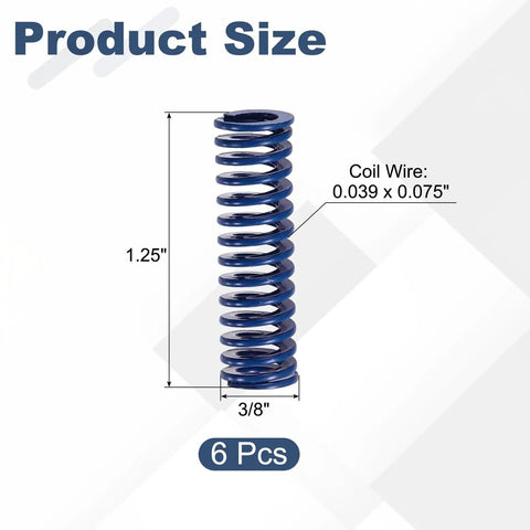 Six Pack Blue Compression Springs For 3D Printers And Machinery 0.38 Inch Outer Diameter Plus 1.25 Inch Length With Alloy Steel Build For Heavy Duty Light Load Jobs And Reliable Mechanical Use, showing size measurements.