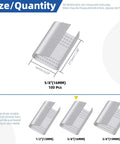 Diagram showing dimensions and variety of Open Snap-On 5 by 8 Inch Metal Buckle Seals Pack for Strapping and Pallet Banding, 100 Pcs.