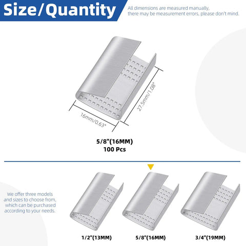 Diagram showing dimensions and variety of Open Snap-On 5 by 8 Inch Metal Buckle Seals Pack for Strapping and Pallet Banding, 100 Pcs.