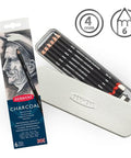 Charcoal Pencils In Metal Tin Six Count With Built In Sharpener For Easy Sharpening, Smooth Graphite Like Tone