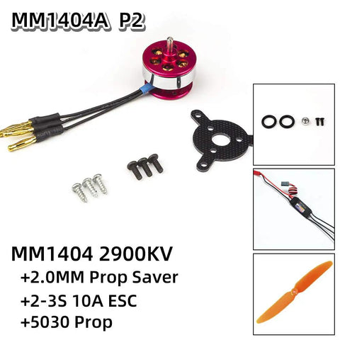 Micro Brushless Outrunner MM1404 2900KV With ESC Power Combo showing motor, propeller, and components for indoor RC planes.