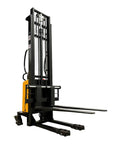 Heavy Duty Semi Electric Pallet Stacker Blasts 2204 Pounds Up To 138 Inches with reinforced steel forks and slim legs.