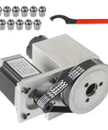 Heavy Duty Fourth Axis Rotary Cnc Kit Paired With 57 Stepper Motor And 11 Er32 Collets features close-up of motor and collets.