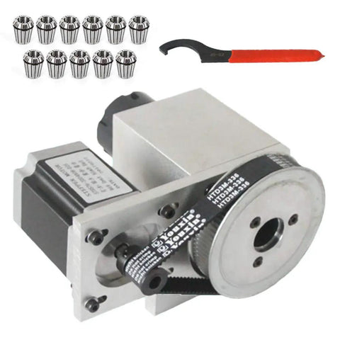 Heavy Duty Fourth Axis Rotary Cnc Kit Paired With 57 Stepper Motor And 11 Er32 Collets features close-up of motor and collets.