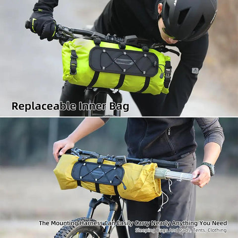 Ride-Ready Waterproof Handlebar Bag 12L Roll-Top Dry Bag With Front Panel And Removable Harness on bike; unrolls to expand capacity.