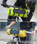 12L Waterproof Bike Handlebar Bag Front with Roll Top Closure, lightweight, durable, shown on a bike with replaceable inner bag
