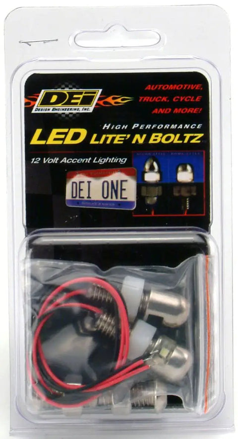 LiteN Boltz LED License Plate Lighting Kit With Dome Head, 4 Piece Satin Finish for relocation, packaging view.