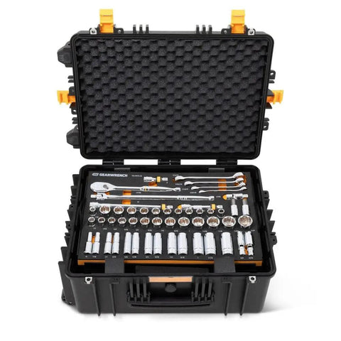 185 Piece GMTK Tool Kit With 1/4 Inch 3/8 Inch And 1/2 Inch Drive In Foam Trays And Heavy Duty Tool Carrier Military Grade IP67 TAA Compliant