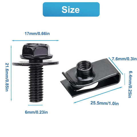 Size details of Must Have 100 Pc M6 1.0 Body Bolts and U Nuts Kit for Most Cars, steel black fastening hardware.