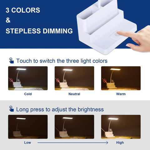 Rechargeable LED Desk Lamp With Pen And Phone Holder Flexible Gooseneck Three Color Modes And Stepless Dimming instruction image.