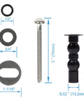 Universal Toilet Seat Hinges With Expanding Rubber Top Nuts And Stainless Steel Gaskets For Blind Hole Mounting Quick Swap Heavy Duty Non Slip Washers Easy Bathroom Fix No Sweat Install Rock Tight Hold parts layout measuring screw, washer, and rubber nuts.