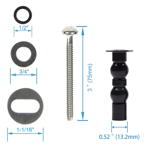 Universal Toilet Seat Hinges With Expanding Rubber Top Nuts And Stainless Steel Gaskets For Blind Hole Mounting Quick Swap Heavy Duty Non Slip Washers Easy Bathroom Fix No Sweat Install Rock Tight Hold parts layout measuring screw, washer, and rubber nuts.
