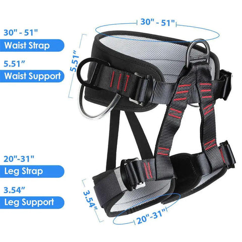 Heavy Duty Half Body Safety Climbing Belt For Tree Climbing Fire Rescue Roofing And Rappelling, CE Certified with dimensions.