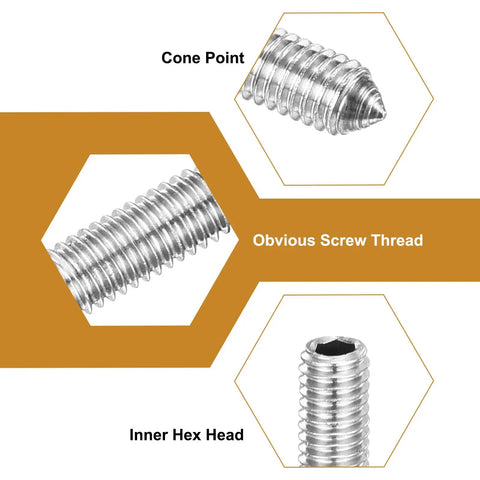 Close-up of Top Shelf M4x10mm Grub Screws Set Contains 40 Pieces Of 304 Stainless Steel with cone point and hex head.