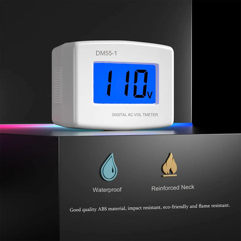 Plug In AC Voltage Tester With LCD Display 80 to 300V Digital Voltmeter Must Have for Home Outlets and Appliances Quick Voltage Monitor to Check 110V or 220V Levels and Safeguard Your Electronics., ABS plastic plug-in meter with blue LCD showing 110V and waterproof feature icons