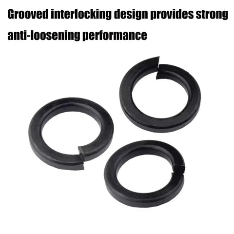 Black Slotted Stainless Steel Spring Lock Washers Anti Loosening Interlock Design, 3 pack with grooved design for secure fastening.