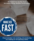 Close-up of ice cubes with 'Make Ice Fast' badge for Refrigerator Ice Maker Kit WR30X10093 Compatible Replacement For Refrigerators That Did Not Come With An Ice Maker Plug And Play No Fuss Install Keeps Ice Cold Food Safe During Power Outages And Ready To Use.