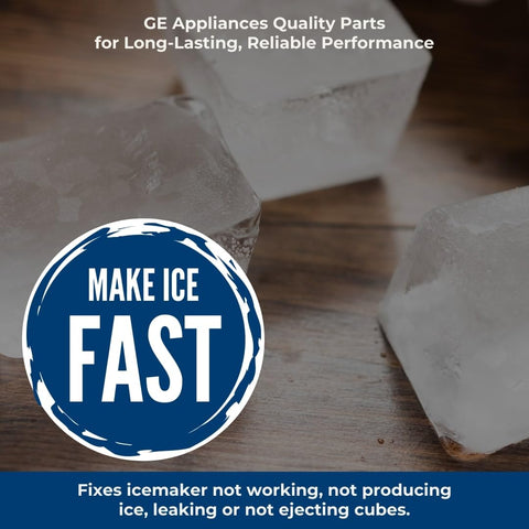 Close-up of ice cubes with 'Make Ice Fast' badge for Refrigerator Ice Maker Kit WR30X10093 Compatible Replacement For Refrigerators That Did Not Come With An Ice Maker Plug And Play No Fuss Install Keeps Ice Cold Food Safe During Power Outages And Ready To Use.