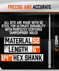Six inch tamper proof driver bit made of S2 steel, showing quarter inch hex shank, from Thirty Two Piece Extra Long Security Power Bit Set With Quarter Inch Hex Shank Hardcore Tough S2 Steel Build Tamper Proof Driver Bits That Take Down Stubborn Bolts No Sweat At All.