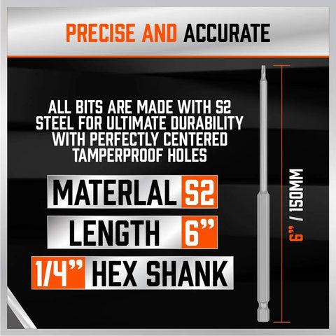 Six inch tamper proof driver bit made of S2 steel, showing quarter inch hex shank, from Thirty Two Piece Extra Long Security Power Bit Set With Quarter Inch Hex Shank Hardcore Tough S2 Steel Build Tamper Proof Driver Bits That Take Down Stubborn Bolts No Sweat At All.