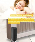 Child sleeping next to a black 2 Pack Magnetic Door Stopper Set Black Stainless Steel No Drill Stick On Floor Mount With Strong Adhesive Tape Keeps Doors Open For Heavy Duty Home And Office Doors