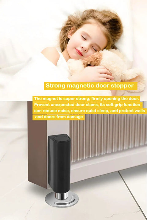 Child sleeping next to a black 2 Pack Magnetic Door Stopper Set Black Stainless Steel No Drill Stick On Floor Mount With Strong Adhesive Tape Keeps Doors Open For Heavy Duty Home And Office Doors
