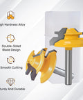 45 Degree Lock Miter Router Bit Set Three Piece Kit with one quarter inch shank showing double-sided blade design