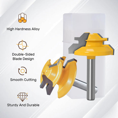 45 Degree Lock Miter Router Bit Set Three Piece Kit with one quarter inch shank showing double-sided blade design