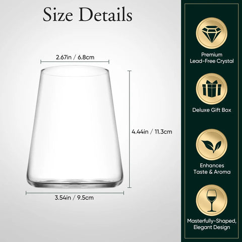 Size details of Stemless Wine Glass Set Of 4 Hand Made 16oz Crystal Red And White Wine Glasses For Everyday Use, Home Bar And Hosting.