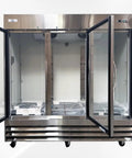 Heavy Duty Commercial Freezer Three Glass Doors Rugged Stainless Steel Exterior Rock Solid Workhorse Featuring Nine Shelves Nsf Certified 65 Cubic Feet Frozen Storage Unit with open glass doors.