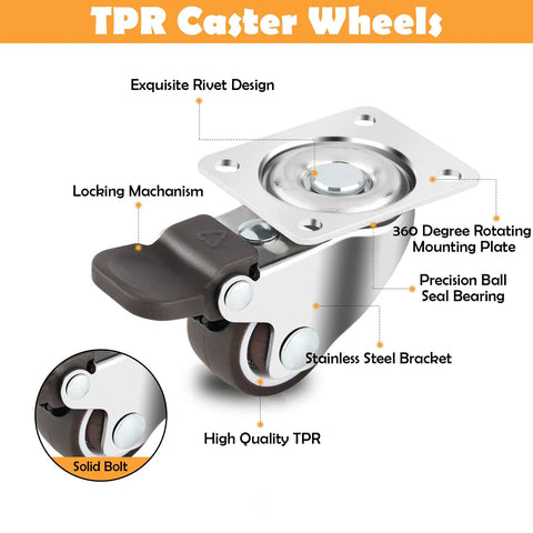 Low Profile Caster Wheels Set Of Four Heavy Duty Swivel Casters With Two Locking Brakes And Quiet Rubber Treads For Smooth As Butter Furniture Glide Plus Zero Sweat Heavy Hauling close-up of TPR caster wheel with locking mechanism