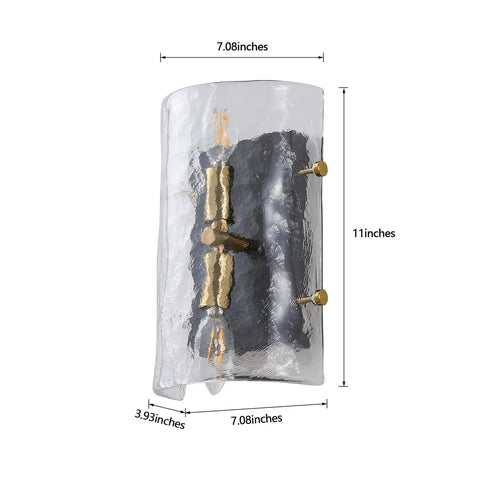 MWZ Modern 2-Light Wall Sconce Set of 2 with Water Rippled Glass Shades 11" with curved glass and gold accents.