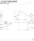 Technical drawing of a Vintage Six Inch Adjustable Center Wall Mount Kitchen Faucet Matte Black With Drip Free Ceramic Disc Cartridge.