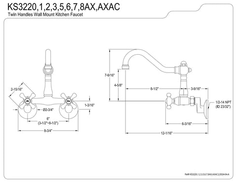 Technical drawing of a Vintage Six Inch Adjustable Center Wall Mount Kitchen Faucet Matte Black With Drip Free Ceramic Disc Cartridge.