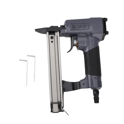 Heavy Duty Quiet Pneumatic Brad Nailer With 100 Nail Capacity Sweet Air Powered Wood Assembly Rig For Workshops And Framing, side view with accessories.
