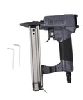Smooth Operator Pneumatic Brad Nailer For Wood Framing And Fine Craftsmanship With 100 Shot Capacity showing straight nose design and metal body.