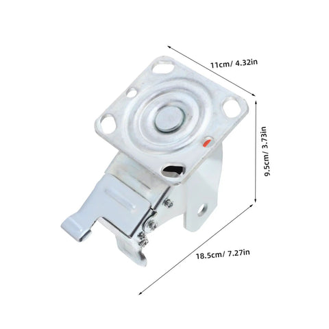 Heavy Duty Swivel Caster Bracket With Parking Brake, Four Inch Steel Rotating Wheel Frame, side view with dimensions shown.