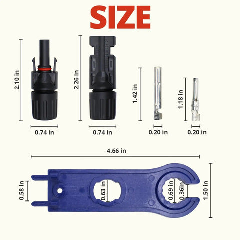 Solar Connector Kit With 12 Pairs Of Connectors, 2 Spanner Wrenches, And Wire Crimper For Photovoltaic Systems size chart