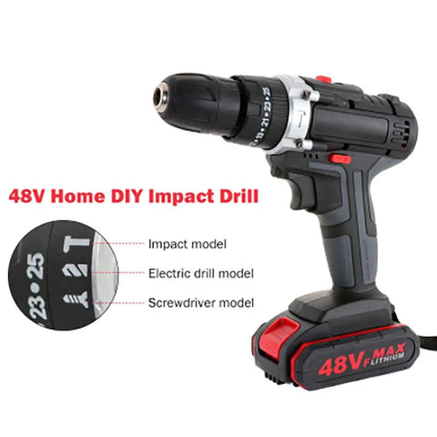 Built Tough Cordless Drill And Driver Kit With Battery Charger Percussion Impact Wrench showing 48V model for DIY use.