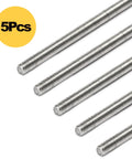 Close-up of five stainless steel M3-0.5x300mm fully threaded rods