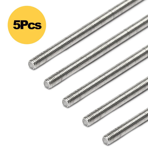 Close-up of five stainless steel M3-0.5x300mm fully threaded rods